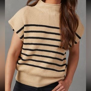 Tan & Black Striped Short Sleeve Ribbed Sweater Knit Top, High Collar